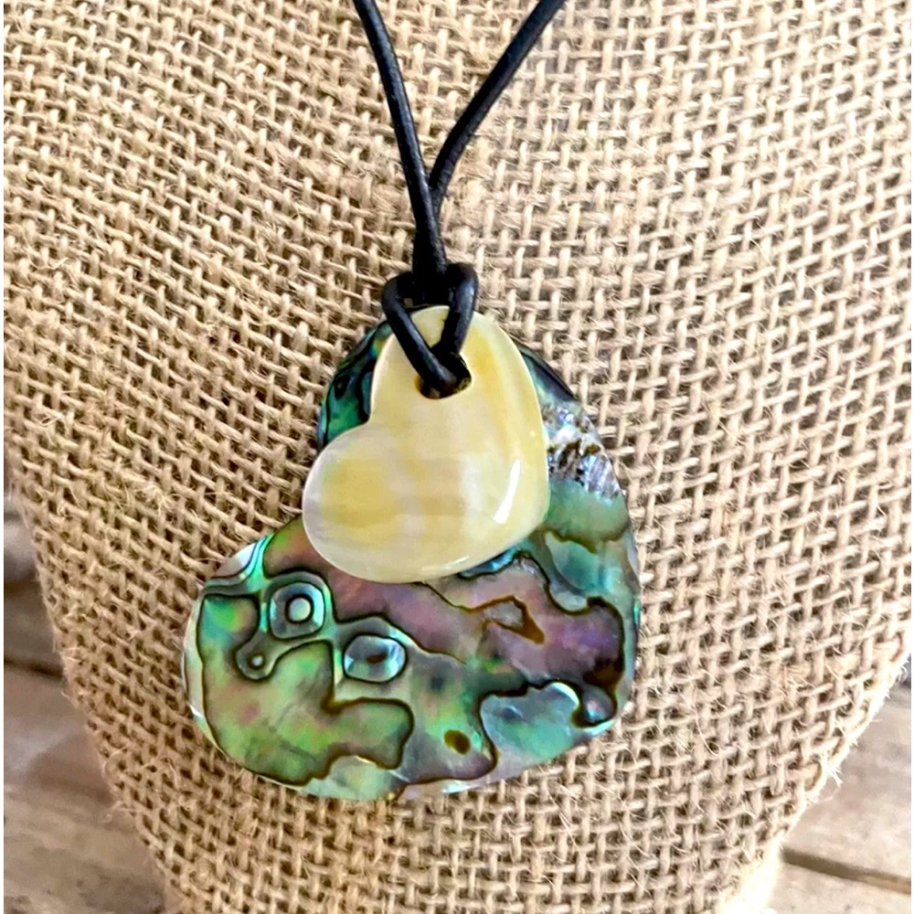 Abalone Shell Double Heart Leather Cord .925 Closure From QVC NEW!